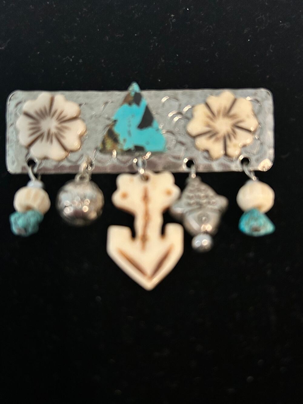 Lonnie Lovness Southwestern Dangle Brooch Pin Turquoise Mixed Media Artisan